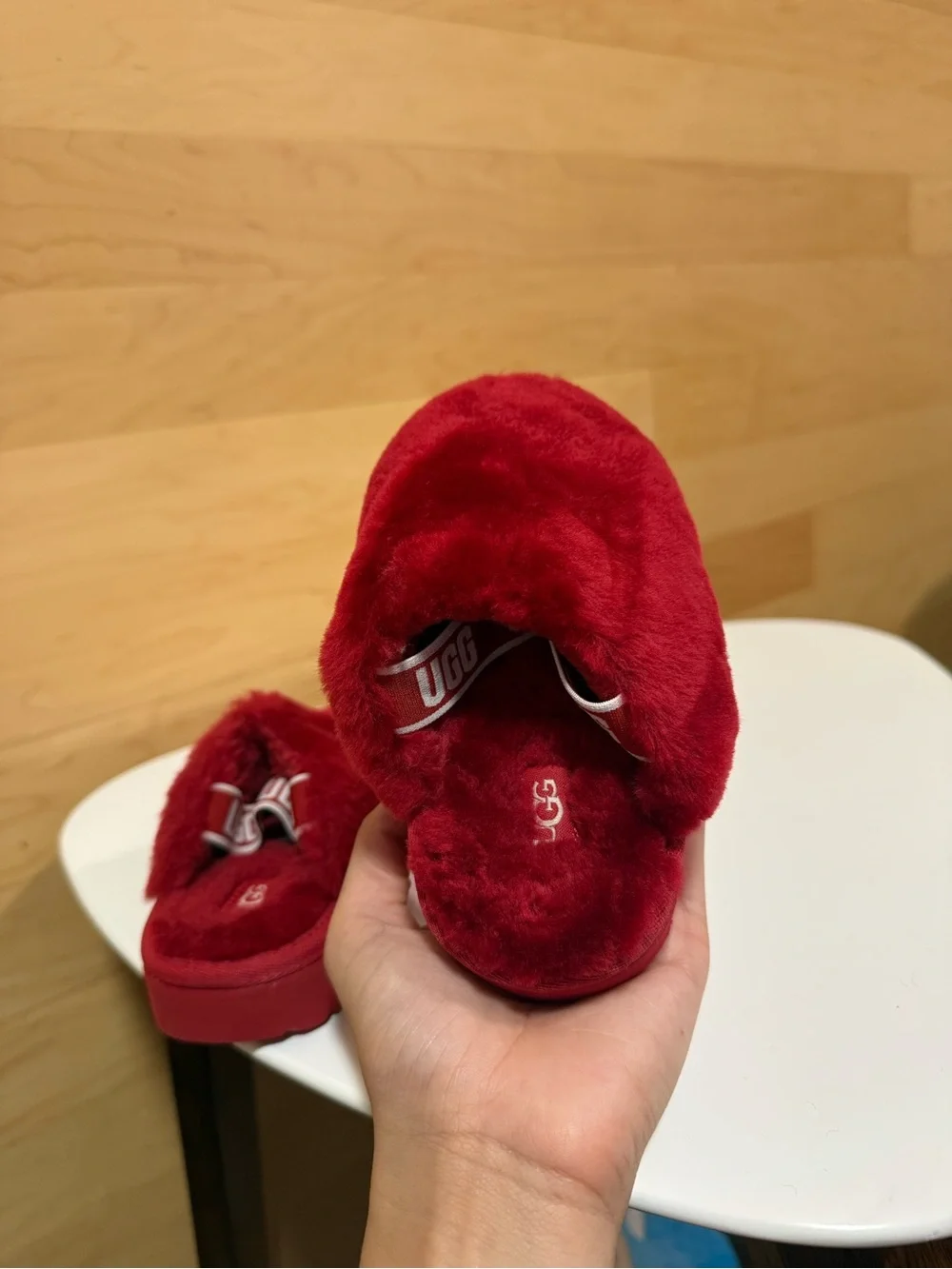 UGG Kids Red Fuzzy Slide Slippers